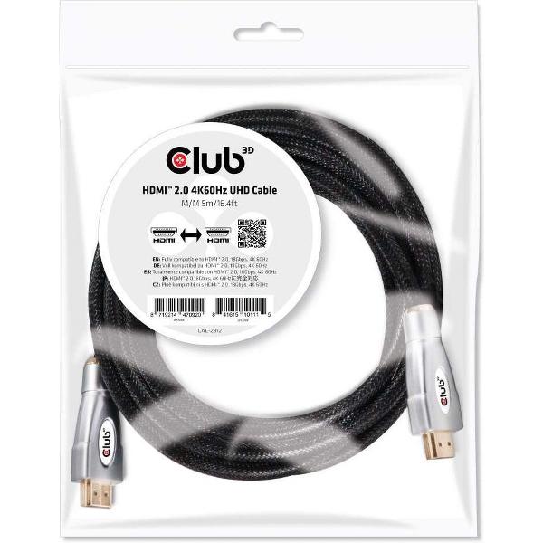 club3D HDMI Aansluitkabel 5.00 m CAC-2312 High Speed HDMI met ethernet, Vlambestendig Zwart [1x HDMI-stekker - 1x HDMI-stekker]