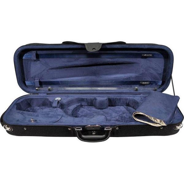 vioolkoffer 4/4, rechthoekig, stryrofoam, 2 riemen, zwart, blauw suede interieur