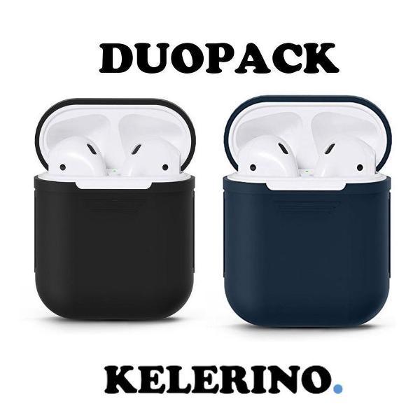 KELERINO. Siliconen hoesje voor Apple Airpods 1 & 2 - Duopack - Zwart / Donker Blauw