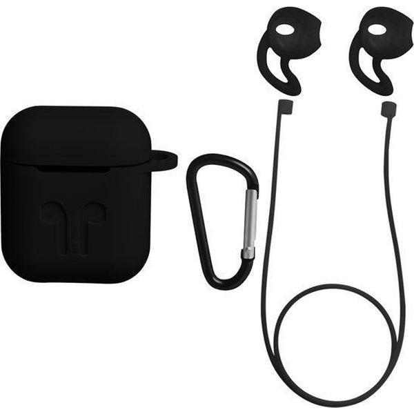 3 in 1 set! Airpods hoesje siliconen case cover beschermhoes + strap - Zwart