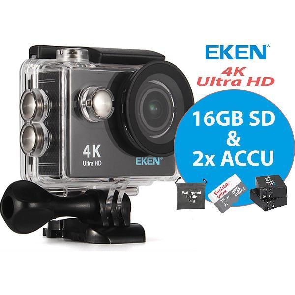EKEN Action Camera H9R 4K Ultra HD + Wifi + 23 access & 12MP foto met OmniVision Chipsensor 4689 + Sandisk 16GB SD + Extra Accu + Waterproof bag