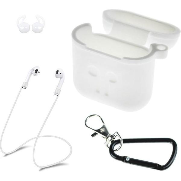 Airpod case silicone – 3 in 1 set hoes / strap / earhooks – geschikt voor Apple airpods – Wit