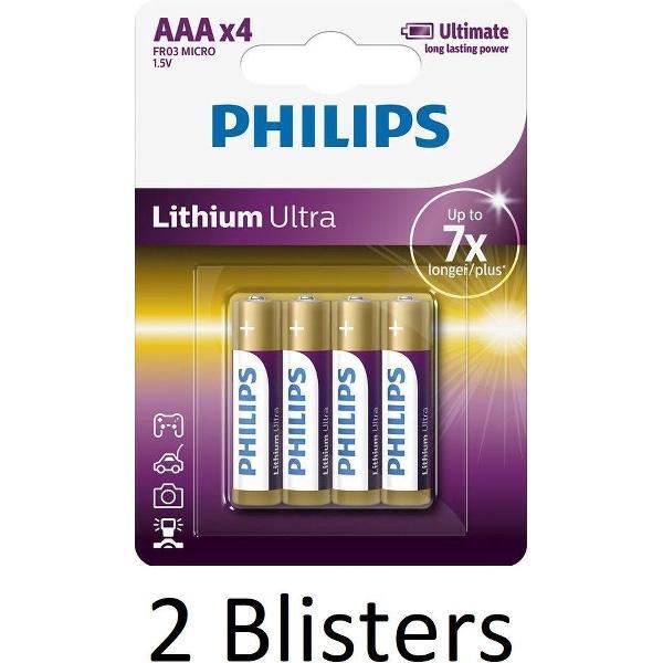 8 Stuks (2 Blisters a 4 st) Philips AAA Lithium Ultra Batterijen