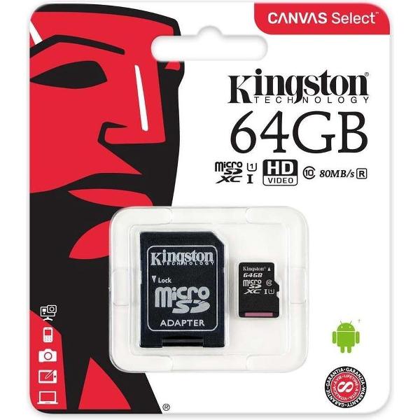 Kingston Canvas Select MicroSDHC Class 10 UHS-I - 64GB - inclusief SD adapter