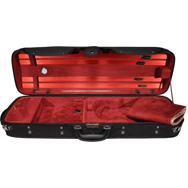 vioolkoffer 4/4, rechthoekig, hout, 2 riemen, zwart, rood suede interieur