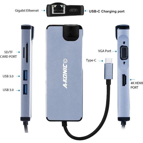 USB C Hub, A-KONIC© USB C HDMI Adapter 8 in 1 Type C Hub met 4K USB C naar HDMI, 2x USB 3.0 Ports, SD TF Card Reader, USB-C Charging, VGA Port, ethermet o.a. compatible Apple Macbook | Chromebook | IMAC | Surface | XPS | Dell | Lenovo | Samsung | HP|