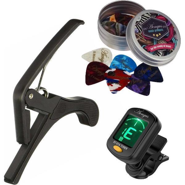 Áengus accessoires set voor Klassieke Gitaar, basis - gitaartuner, capo en blikje met 12 plectrums