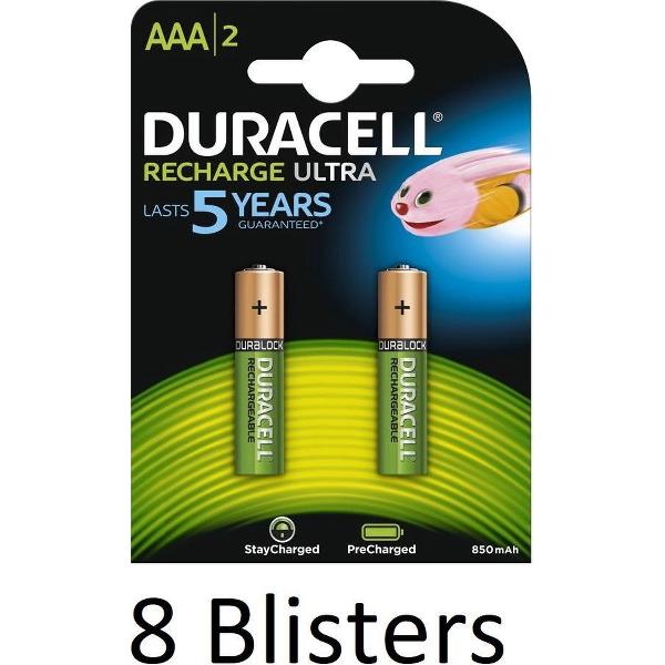 16 Stuks (8 Blisters a 2 st) Duracell AAA Oplaadbare Batterijen - 850 mAh