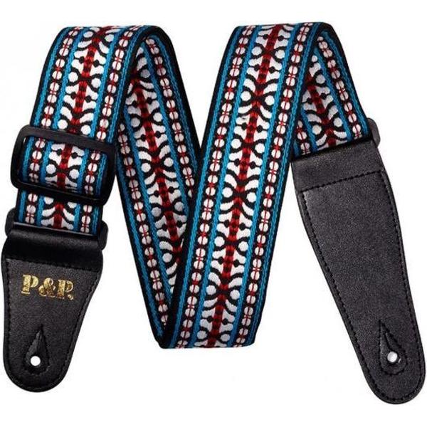 Gitaarband - Gitaarriem - gekleurd - geborduurd Wit/Blauw/Rood