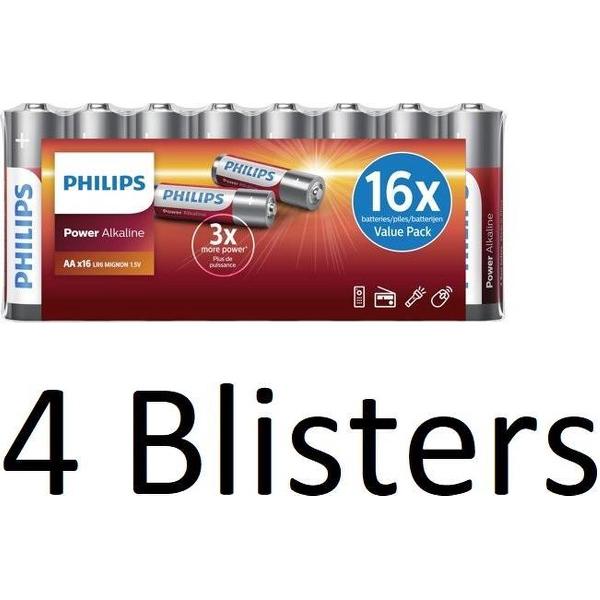 64 stuks (4 blisters a 16 st) Philips AA Power Alkaline Batterij