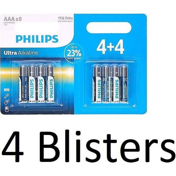 32 Stuks (4 Blisters a 8 st) Philips Ultra Alkaline Lr03/aaa Batterijen 4+4