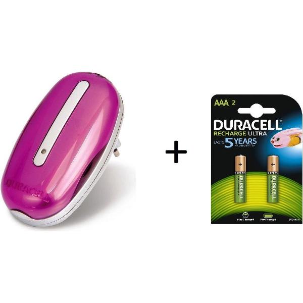 Duracell Mini Lader Roze + 2 Duracell AAA Oplaadbare Batterijen - 850 mAh