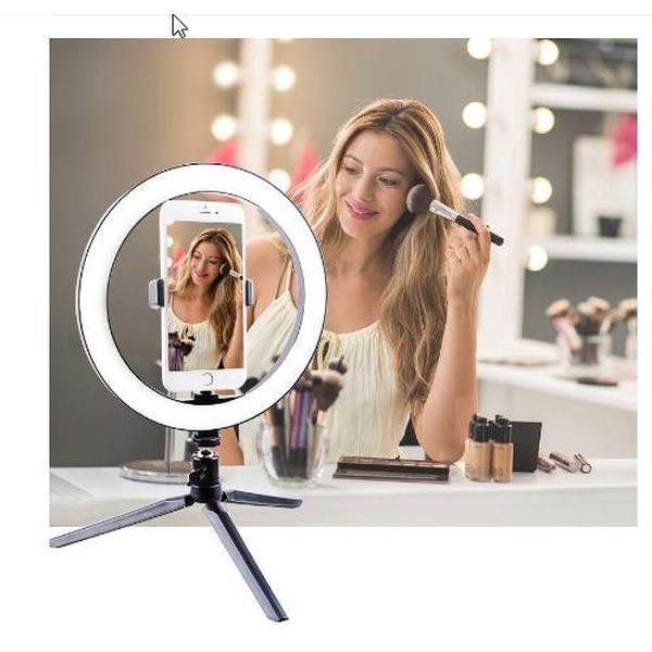 Tafel Selfie Ring Lamp - 26 Cm - met Tripod / Smartphone Statief - Dimbare 0 -100 - voor Camera, Telefoon - Make up - Video - Fotografie - live Studio