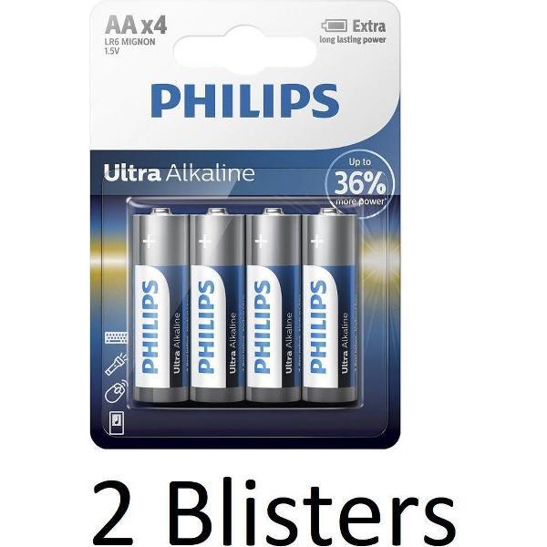 8 Stuks (2 Blisters a 4 st) Philips AA Ultra Alkaline Batterijen