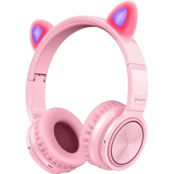 Lovnix Lucky Cat - Draadloze Bluetooth Kinderkoptelefoon - Over-Ear Koptelefoon voor Kinderen - Met Led Kat Oortjes - Roze