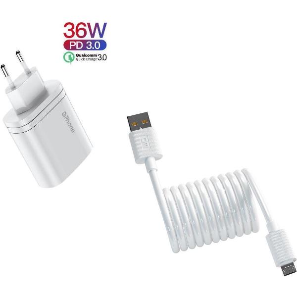DrPhone ICON - Gecertificeerde 36W 9V 3A Power Charger met 2 Poorten (USB Female + USB-C Female) + 1 Meter Micro USB DM Kabel Voor Tablet en Smartphones