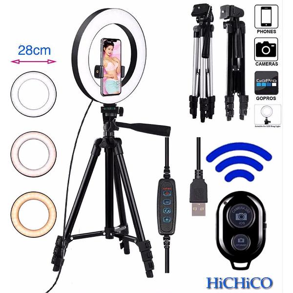 Smartphone Tripod Camera Statief 102 Cm Zwart met LED Ring Light 28 Cm Inclusief Bluetooth shutter – HiCHiCO