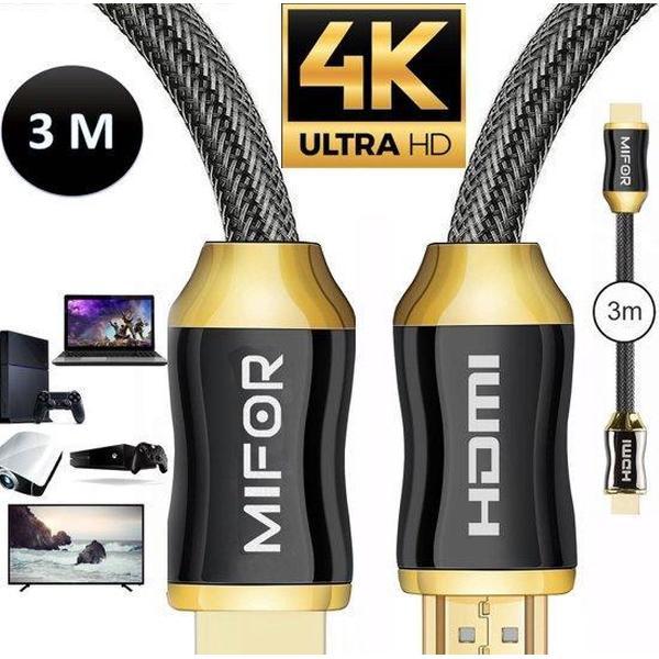 MIFOR® HDMI 3 METER Kabel 2.0 -Ultra HD 4K -24 KARAAT GOLD PLATED- 3 METER-USB kabel 2.0 -Tot 240 HZ -18 GBps-Vergulde Connectoren-High Speed -Full HD Beeldkwaliteit-Male to Male-USB aansluiting-Laptop-TV Kabel -Computer-Scherp beeld-Kantoor en Thuis