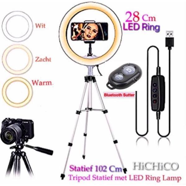 LED Ring Light 28 Cm met Smartphone Tripod Camera Statief 102Cm Zilver Inclusief Bluetooth shutter – Eff Pro
