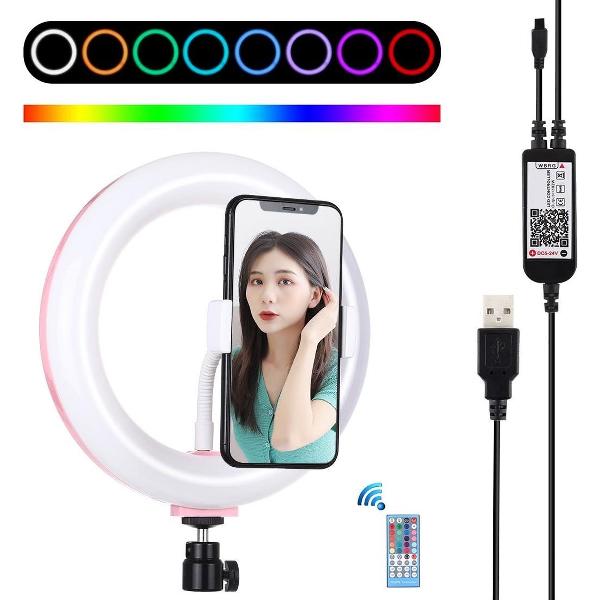PULUZ 7.9 inch 20cm USB RGB Dimbare LED Dubbele kleurtemperatuur LED Gebogen lichtring Vlogging Selfie Fotografie Videolichten met telefoonklem (roze)