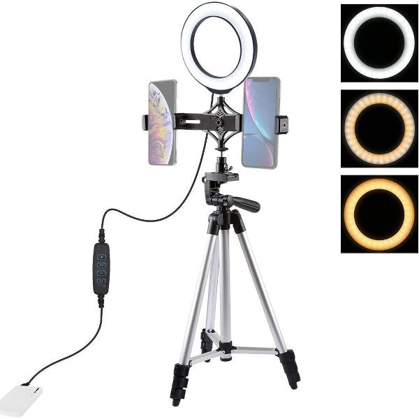 PULUZ Statiefbevestiging + Live Broadcast Dual Phone Bracket + 6.2 inch 16cm LED Ring Vlogging Video Light Kits