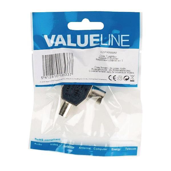 Valueline coax T-splitter coax vrouwelijk - 2x coax mannelijk metaal