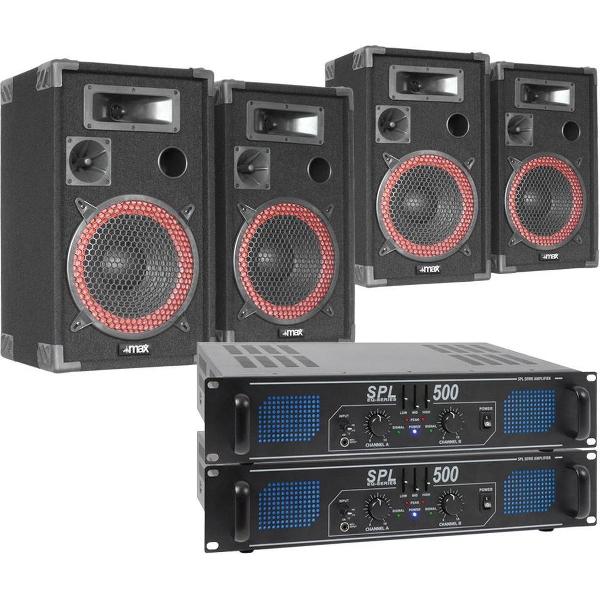 Mega geluidsset met 4 speakers, 2 versterkers en aansluitmateriaal.