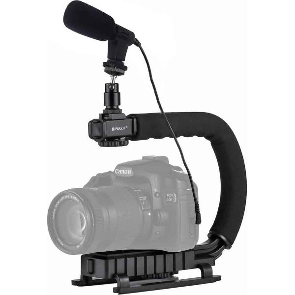 PULUZ U / C Shape Draagbare Handheld DV Bracket Stabilizer + Video Shotgun Microfoon Kit met Cold Shoe Statiefkop voor alle SLR-camera's en Home DV Camera