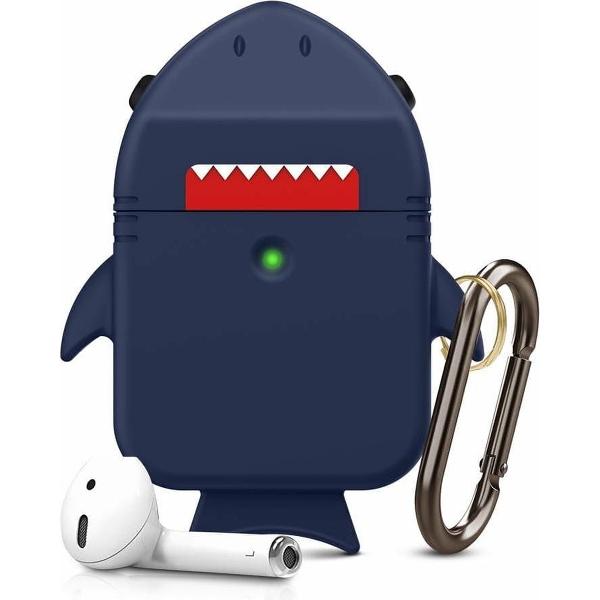 Haai Case Cover Voor Airpods - Siliconen Donkerblauw | Watchbands-shop.nl