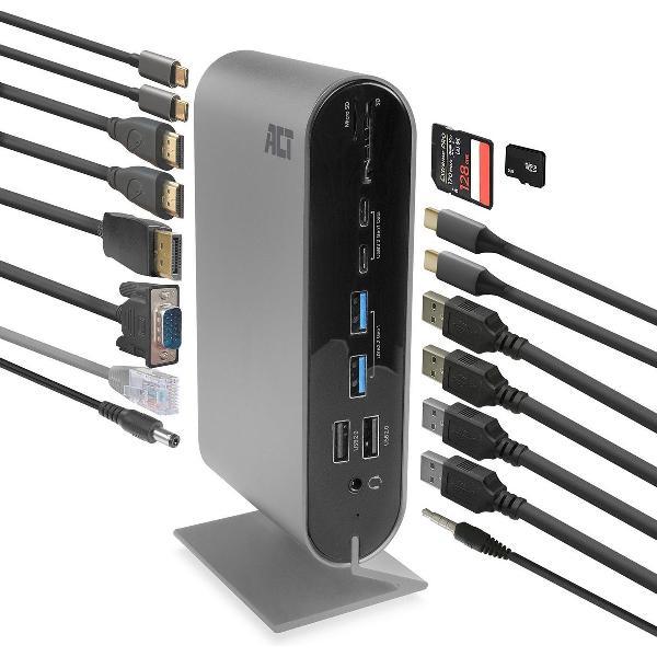 USB-C Docking station - geschikt voor 2 monitoren via HDMI - DisplayPort - VGA - USB hub - ethernet - cardreader - audio - ACT AC7045