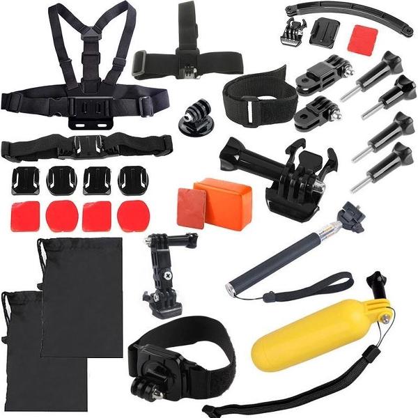 30 In 1 borstband + Verlengstuk + Statief Adapter + Hoofdband + drijvende + Handgreep uitschuifbare Monopod + Helm riem met houder + Vlakke, Gebogen houder+ Drijvende bobber box + Helm Riem Houder Adapter Set voor GoPro Hero 4 / 3+ / 3 / 2