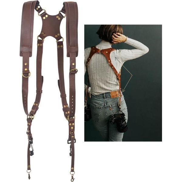 Quick Release Antislip Dual Shoulder Lederen harnas Camerariem met metalen haak voor SLR / DSLR-camera's (bruin)