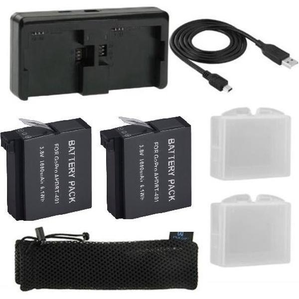 Proqam® 2x Accu / Batterij + Quickcharger GoPro Hero 4 (externe oplader/power pack) 7 in 1 power pack