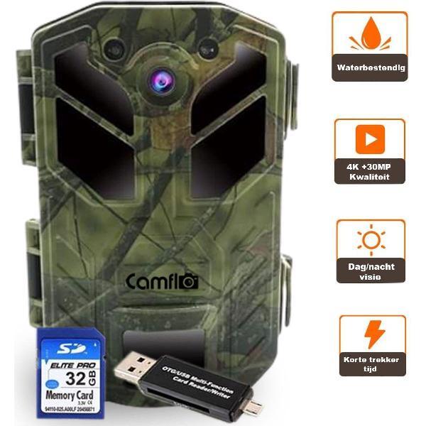Wildcamera 30 MP & 4K Ultra HD Video - Incl. SD kaart 32GB + Kaartlezer en 8 AA Batterijen – Wildlife camera - Jachtcamera – Observatiecamera – Bewakingscamera – Wild camera - Camouflage
