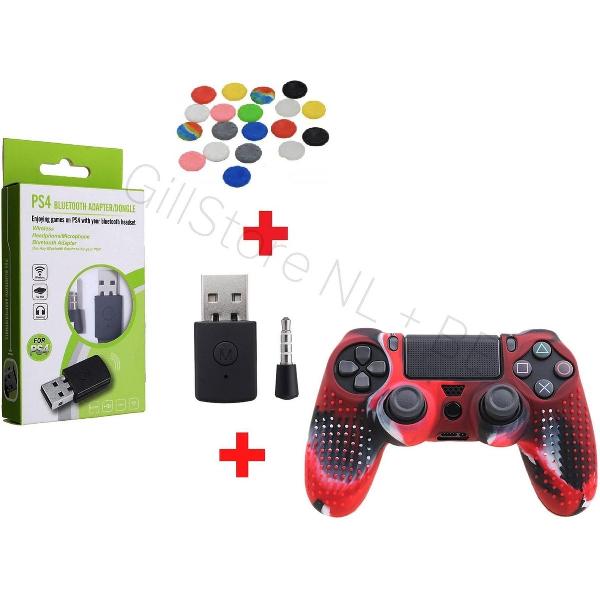 PREMIUM PLUS - Bluetooth PS4 Dongle + 4 Thumb Grips - Rood - Zwart - Blauw - Grijs + PS4 Anti Slip Skin Kleur Special Red - BT Adapter - Erg handig voor elke AIRPODS of welke BLUETOOTH Headset dan ook - Gratis Verzending