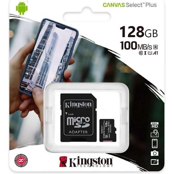 Kingston Micro SD Kaart Canvas 128 GB - Class 10 + SD Adapter + All in 1 USB 2.0 Kaartlezer inclusief LED