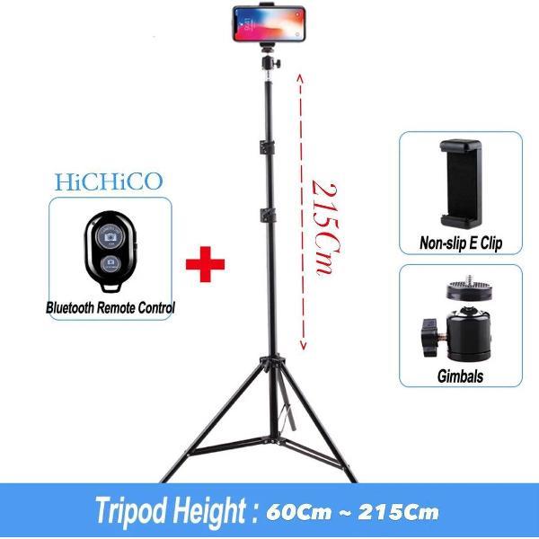 Camerastatief - Tripod - Smartphone Statief 215Cm Voor Fotocamera en Smartphone - iPhone - Canon – Nikon - Spiegelreflexcamera Inclusief Bluetooth Remote Shutter, Telefoonhouder, 360 ° Draaigreep horizontaal van HiCHiCO