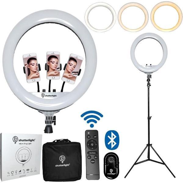 Shutterlight® 18inch Ring Lamp met Statief - Stand van 210cm - 46cm LED Ringlamp - 300 standen - Incl. Bluetooth Afstandsbediening - Professionele Opbergtas - Professioneel Ring Light - Make up lamp - Salon - Tiktok - Instagram