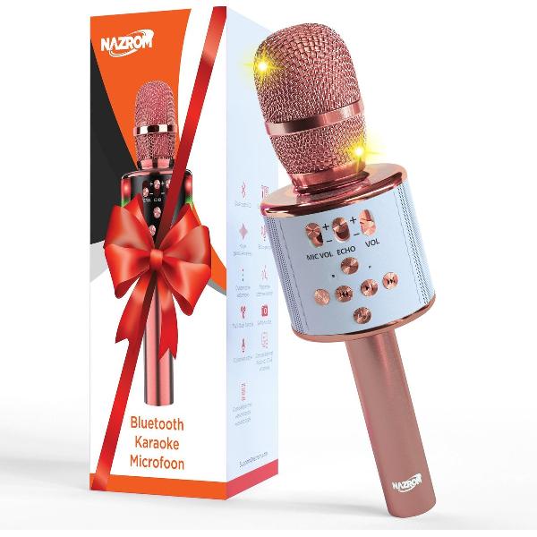 NAZROM® Karaoke Microfoon, Draadloos, Superieur Geluidskwaliteit met LED lampjes en Magische Stemmen Voor Een Gezellig Feest - Roze