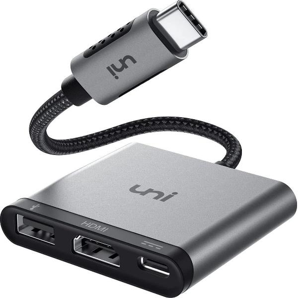 usb c naar hdmi - uni USB C-HDMI-adapter 3-in-1, USB-C Multiport Adapter 3-in-1, ondersteunt 100 Watt opladen en 4K HDMI, compatibel voor iPad Pro 2020/2018, MacBook, Galaxy S20 and More - Ruimte grijs