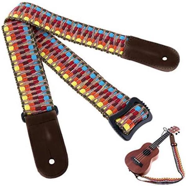 Kleurrijke Hawaiiaanse Vintage Etnische Katoen Ukulele Strap, Verstelbare Zachte Katoen & Lederen Ukulele Strap Schouderband