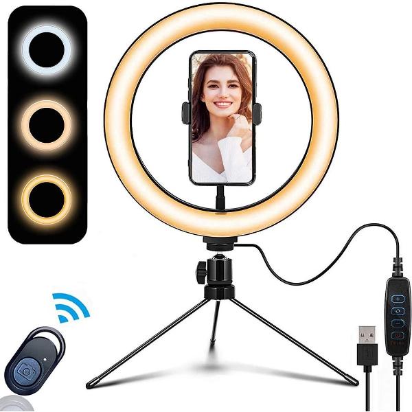 LED Ringlamp met Statief en Telefoonhouder - Bureau - Smartphone - Camera - Laptop - Desk Ring Light - incl. Bluetooth Afstandsbediening - Selfie Ring Light - Ringlight - Make Up Licht - Flitser - Studiolamp - ⌀ 26cm - Zwart