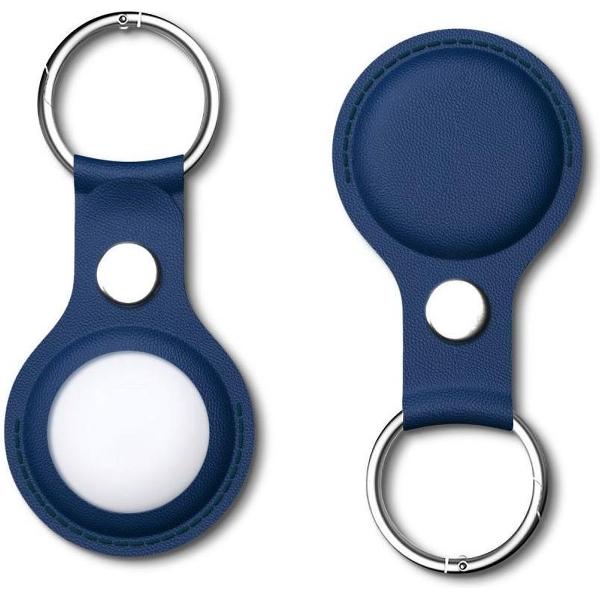 Apple AirTag Hoesje Kunst Lederen met Sleutelhanger Ring Blauw