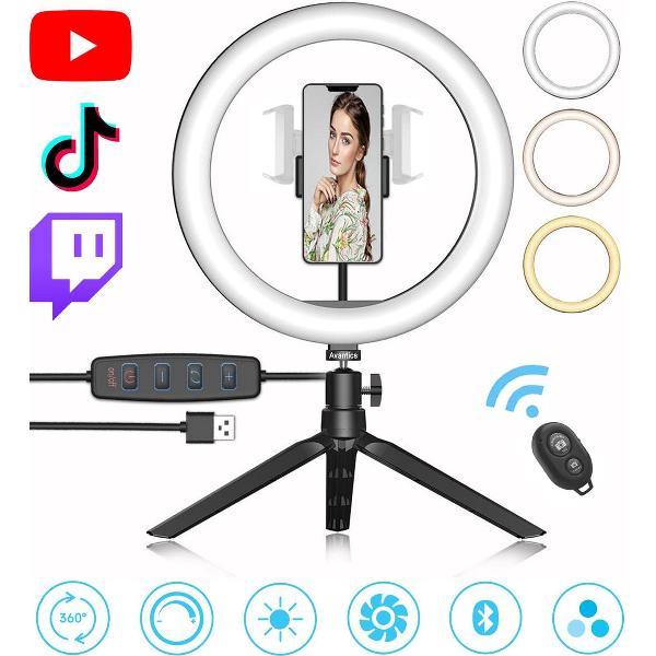 LED Ringlamp met Statief en Afstandsbediening- Selfie Ring Light - Ringlight - Tiktok Lamp - Flitser - Studiolamp - ⌀ 26cm - Zwart