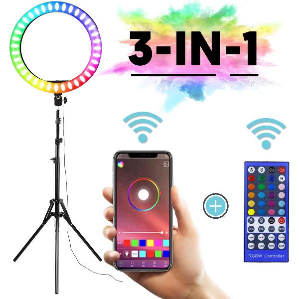 PIXMY - Ringlamp met statief- 3-in-1 - Smart App - 12 inch - 100+ kleurstanden - TikTok Lamp - Studio lamp - Ringlight Smartphone Camera - Incl. Telefoonhouder en Nederlandse handleiding - RL12B55APP