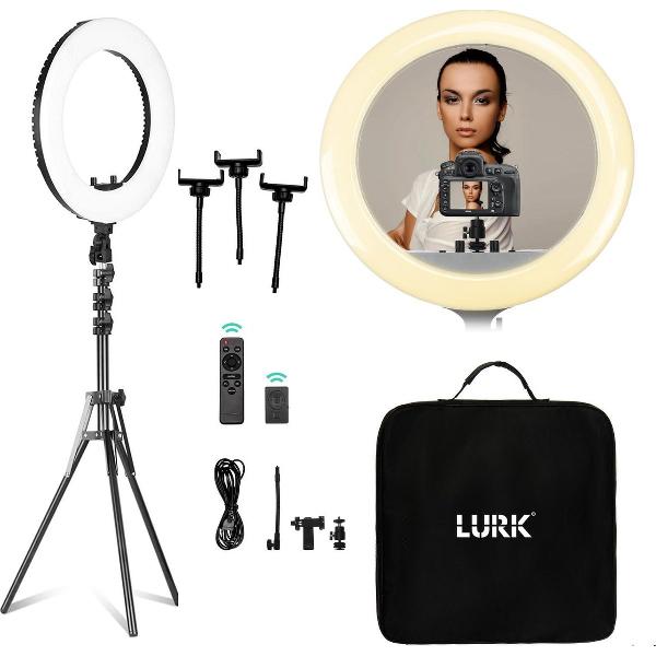 LURK® Ringlamp set PRO 18 inch - Verstelbaar statief & afstandsbieding – LED Selfie Ring Of Light - Geschikt voor smartphone en (actie)camera