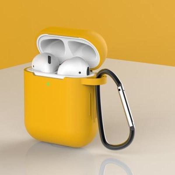 Apple AirPods 1/2 Hoesje + Clip in het geel - Siliconen - Case - Cover - Soft case - donker geel