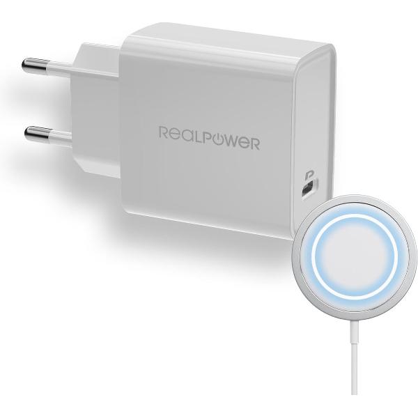 RealPower PC-MagSet - 20W USB-C snellader - wandlader incl. magnetische oplaadkabel met draadloos oplaadpad - wit