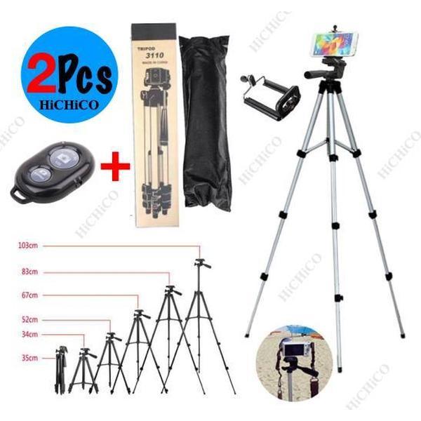 2x Camerastatief, Smartphone Statief, 2Pcs Smartphone Tripod Voor Fotocamera en Smartphone - iPhone - Canon – Nikon - Spiegelreflexcamera Inclusief Bluetooth Remote Shutter en Waterpas, HiCHiCO Model 3110, 108Cm