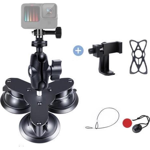 Driehoekige zuignaphouder met statiefadapter & schroef & telefoonklem & anti-verloren siliconennet voor GoPro HERO9 Black / HERO8 Black / HERO7 / 6/5, DJI Osmo Action, Insta360 One R en andere actiecamera's, smartphones (zwart)